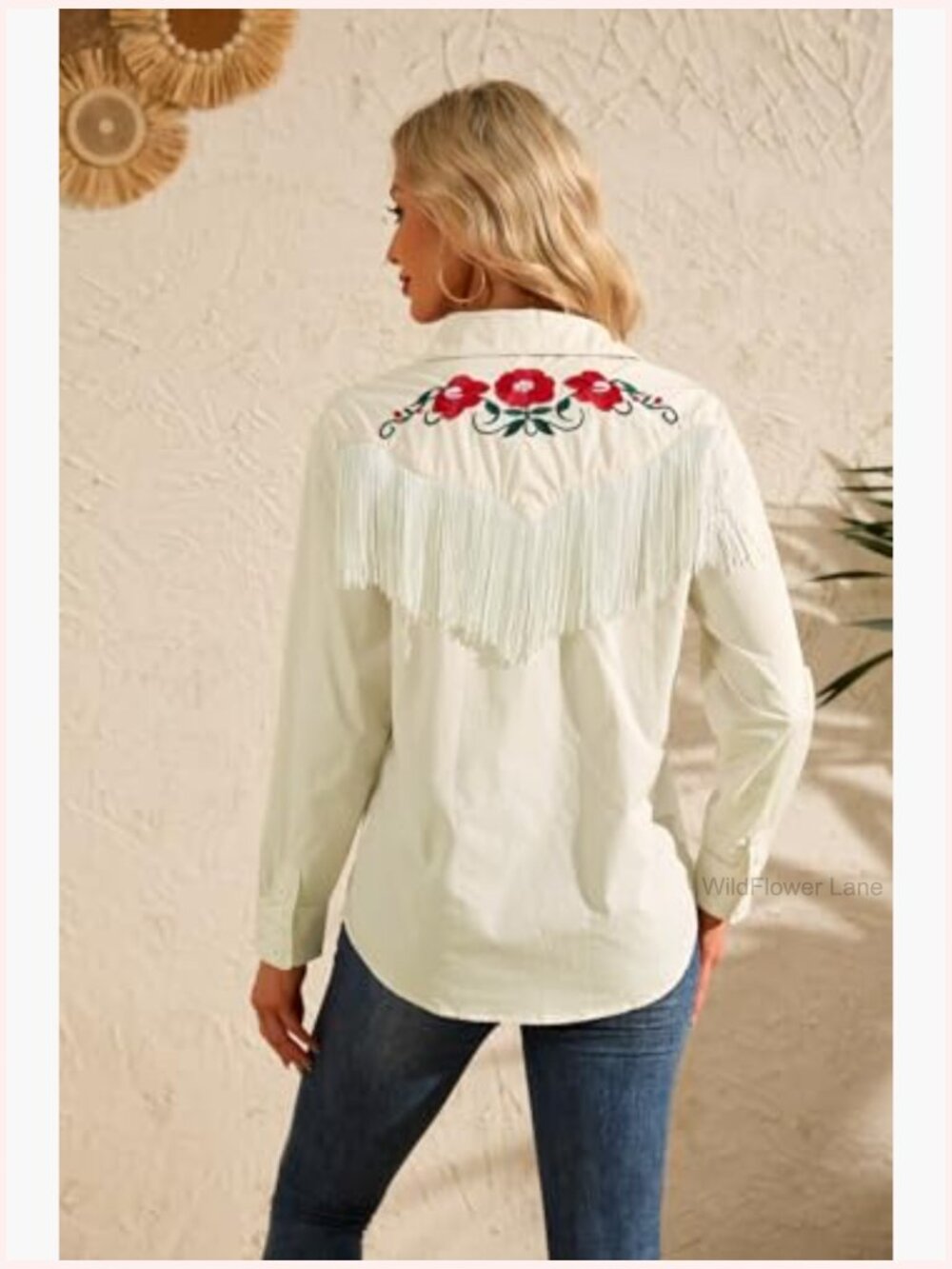 Western Cowgirl Fringe Shirt Long Sleeve Floral Embroidered Snap Collar Boho - Picture 5 of 7
